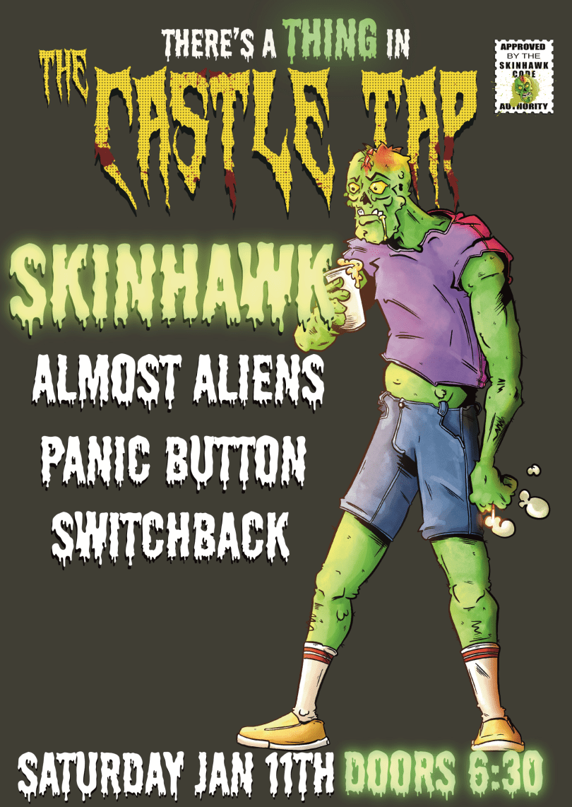 Green skinned zombie wearing a purple t-shirt and blue shorts stands against a dark background next to the list of band names