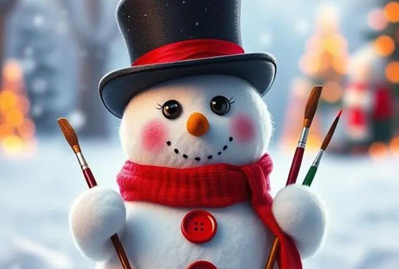AI image of a snowman holding paintbrushes