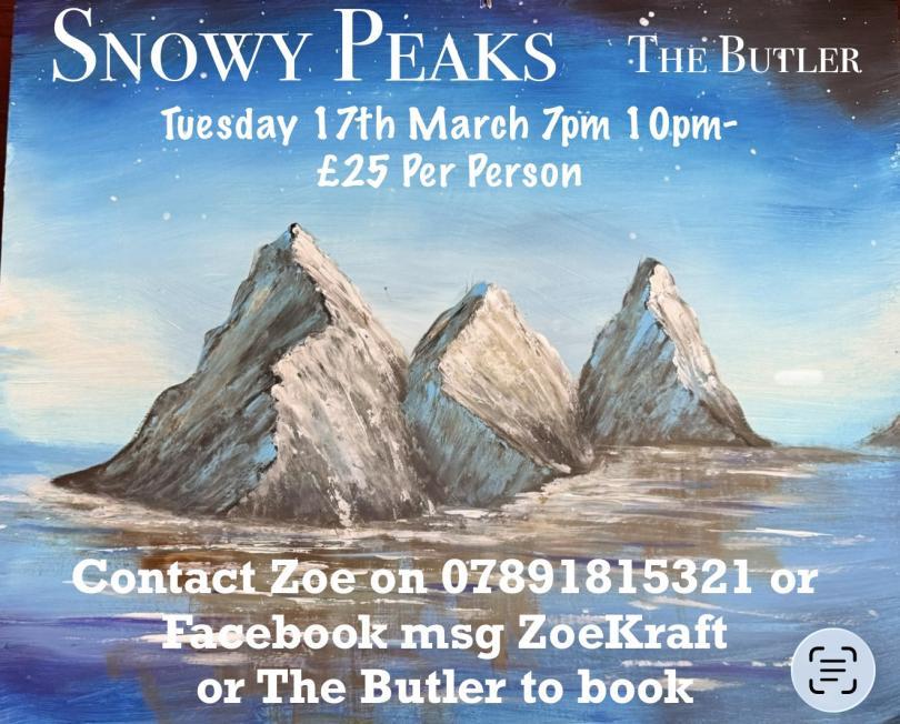 Artwork of snowy mountain peaks