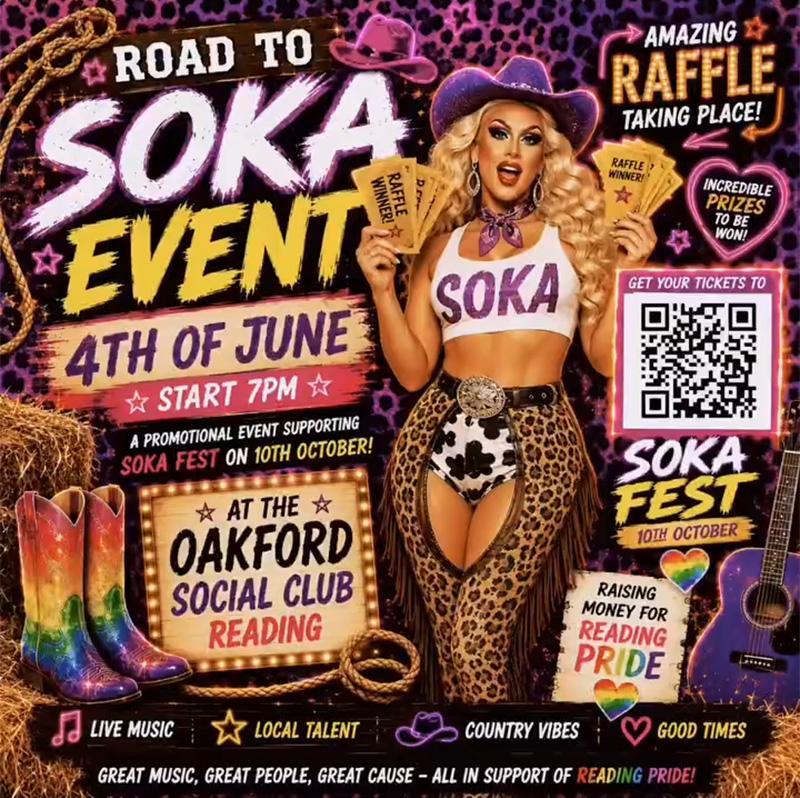 AI generated poster with lots of info and an image of a drag queen dressed in cowgirl clothes