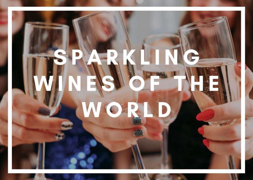 Banner image of multiple glasses of sparkling wines being held to the camera, with bold white text 'Sparkling wines of the world'