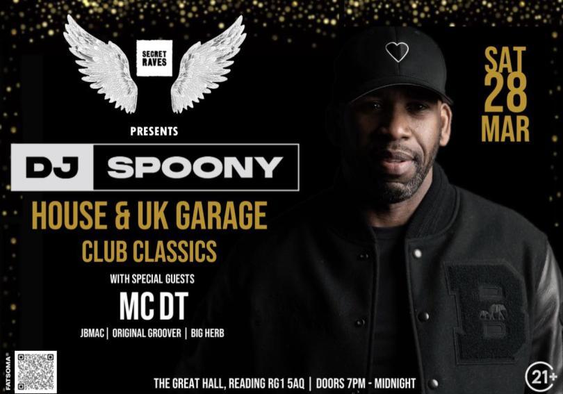 DJ Spoony in a black baseball cap and bomber jacket, next to info about the event