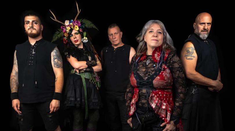 Members of the band Spriggan Mist, dressed in pagan-esque and steampunk-esque costume