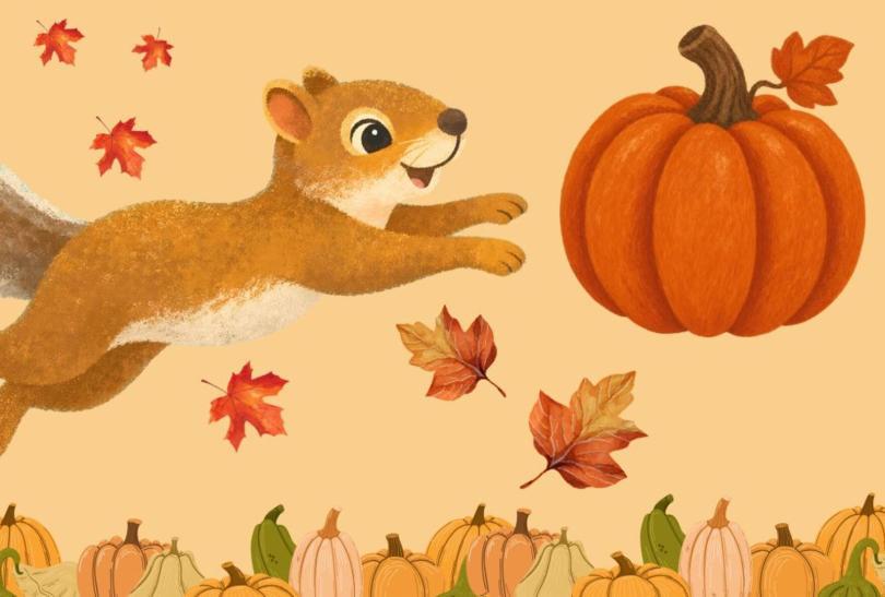 Painted artwork of a happy squirrel chasing a pumpkin