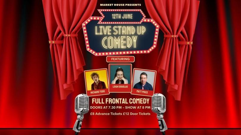 image of comedians on a stage with a red curtain