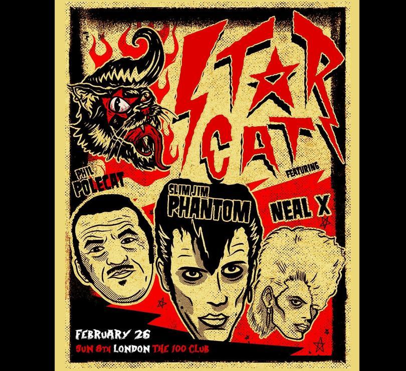 Comic-book style heads of the three members of Starcat next to the band's logo