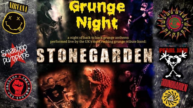 Poster featuring band Stonegarden on stage and logos of various grunge bands