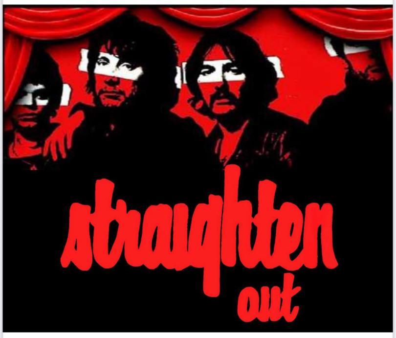Poster for Stranglers tribute band Straighten Out with red-and-black monochrome images of the Stranglers