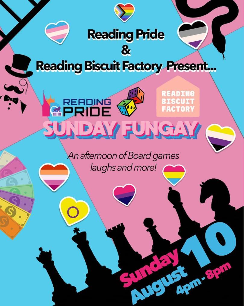 Sunday Fungay at Reading Biscuit Factory poster with blue and pink checks and silhouettes of game pieces