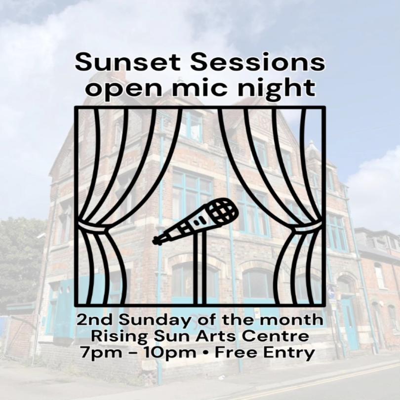 Drawn image of a mic and stage-style curtains superimposed of a faded image of the Rising Sun Arts Centre