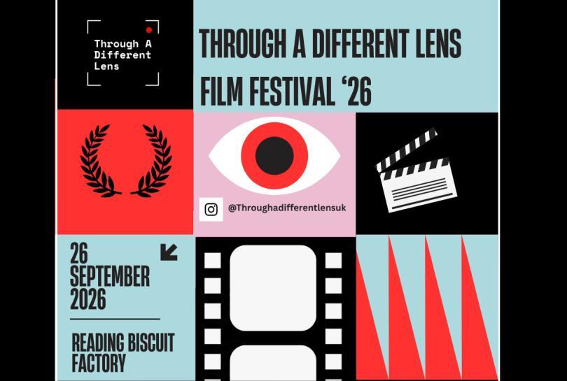 Through A Different Lens Film Festival poster - a mid-centruy, Saul Bass-esque design with multiple grid squares showing images of clapperboards and film strips, logos and info