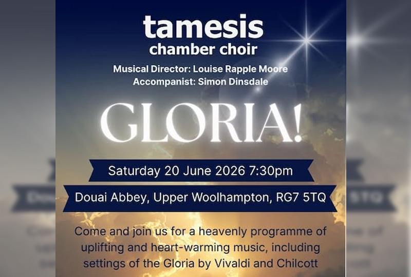 Poster for Gloria! with details over the event over a photo of clouds with the sun breaking through