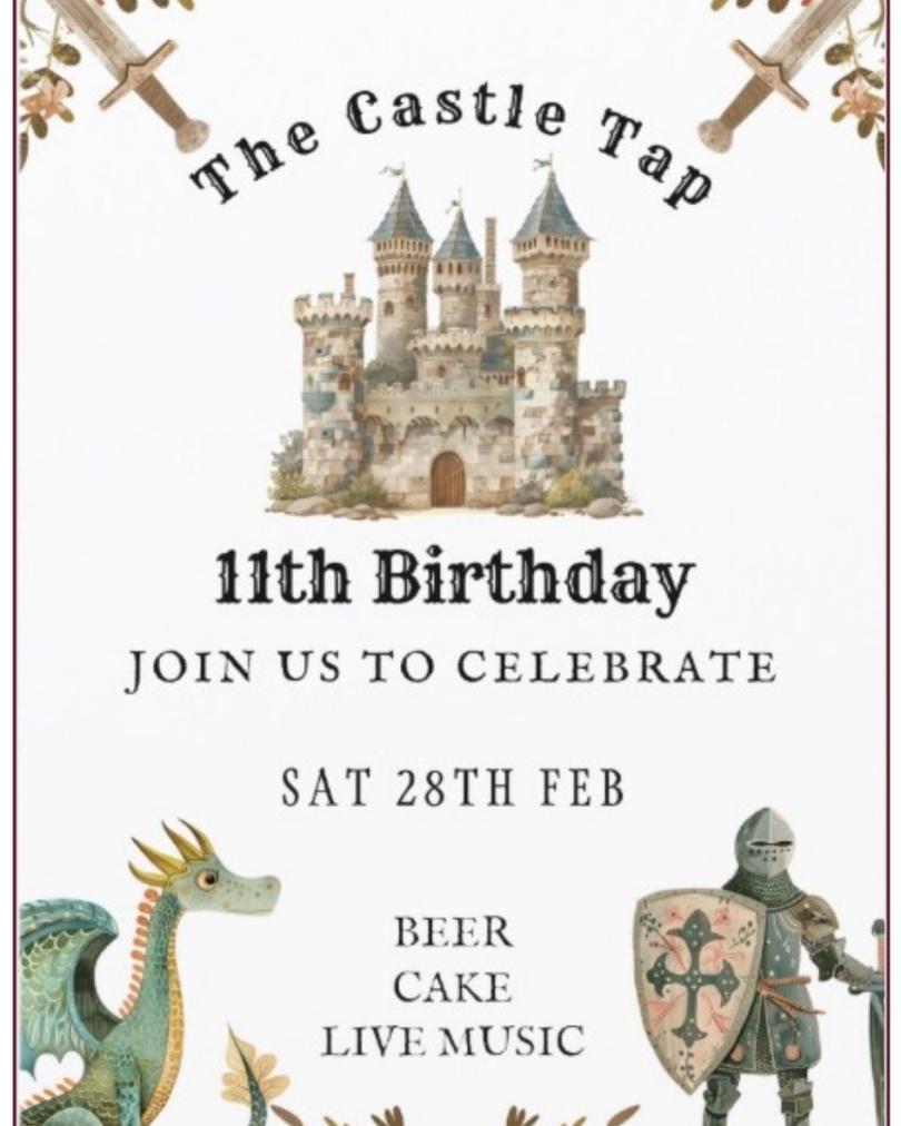 Poster for Castle Tap 11th Birthday event with artwork of a castle, dragon and knight and the words "beer, cake, live music"