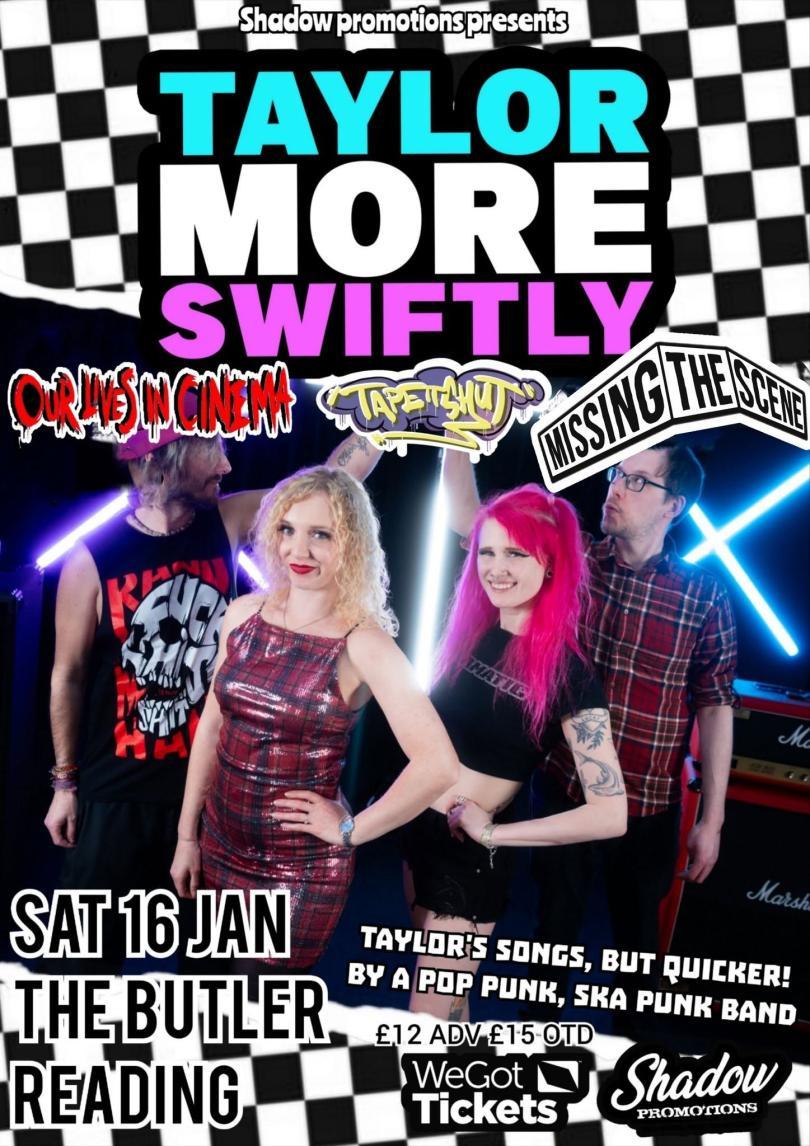 Band members standing in a row, with the Taylor More Swiftly logo over a balck and white checked background
