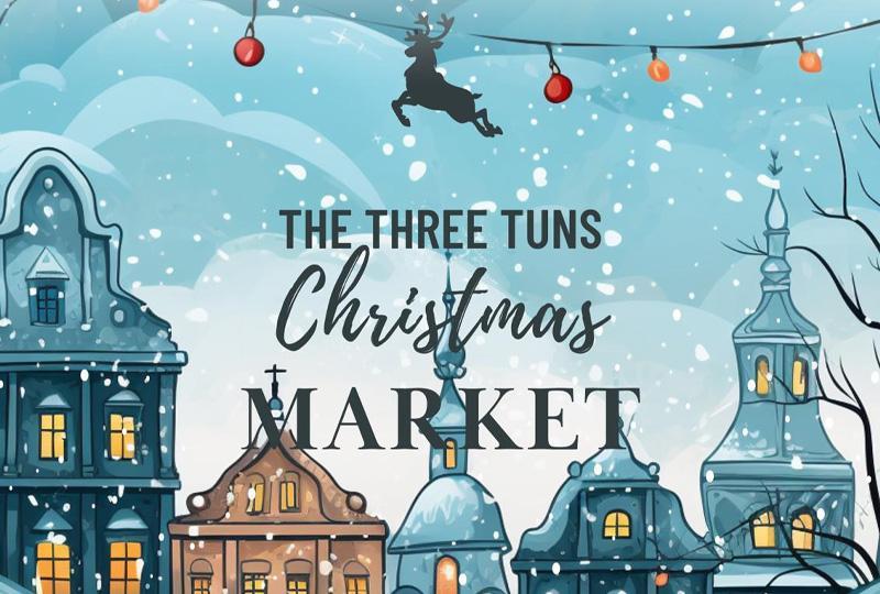 Three Tuns Christmas Market poster with a reindeer flying over a snowy skyline