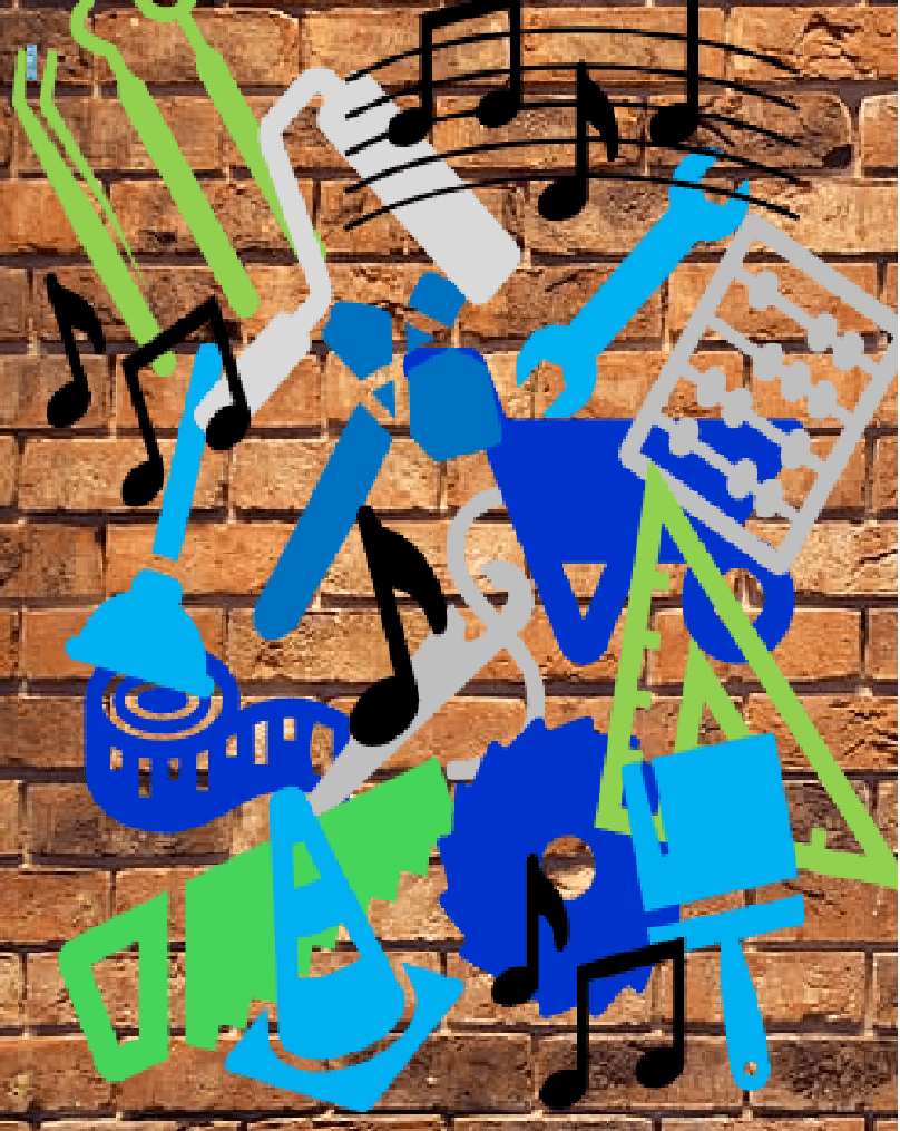 Image of a brick background with shapes of different tools, including hammer, paintbrush, needle, saw, etc... There are shapes of musical notes amongst the tools