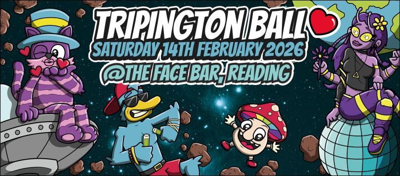 Poster for Tripington Ball featuring cartoon images of various animals at a trippy disco
