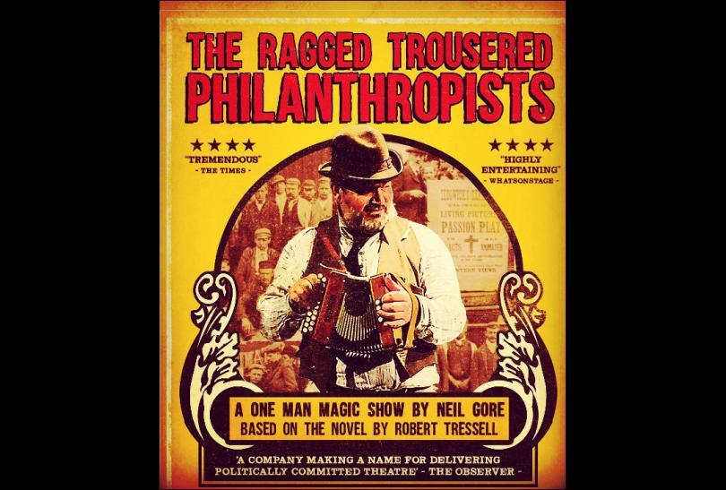 Poster for The Ragged Trousered Philanthropists with an actor in period costume holding a button accordion