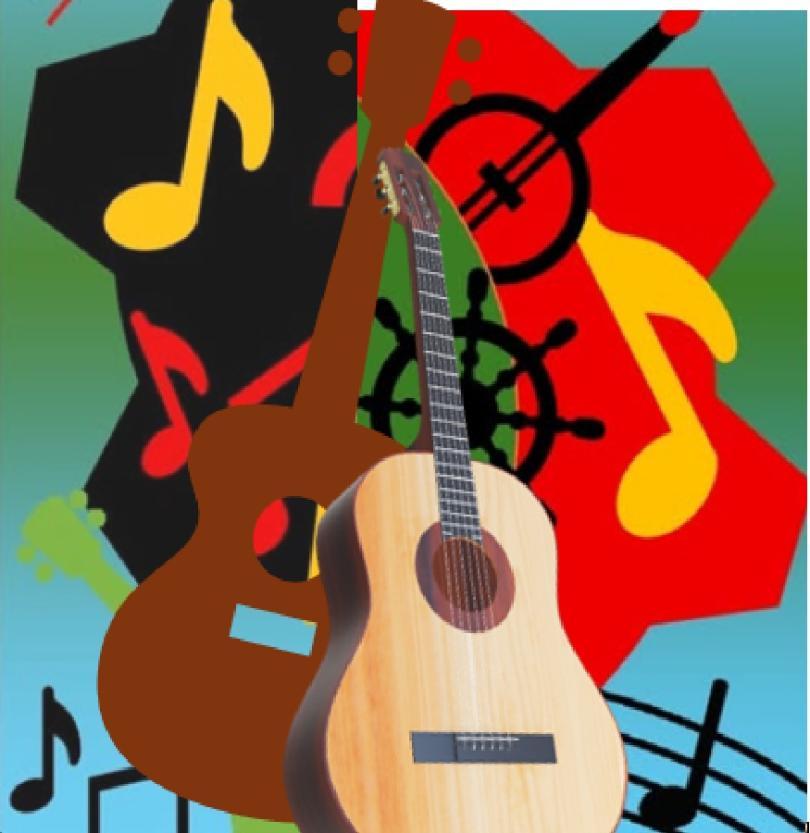 Image of two guitars set against a colourful background of images related to music (musical notation and a banjo) and the theme (a wheel and some cogs)