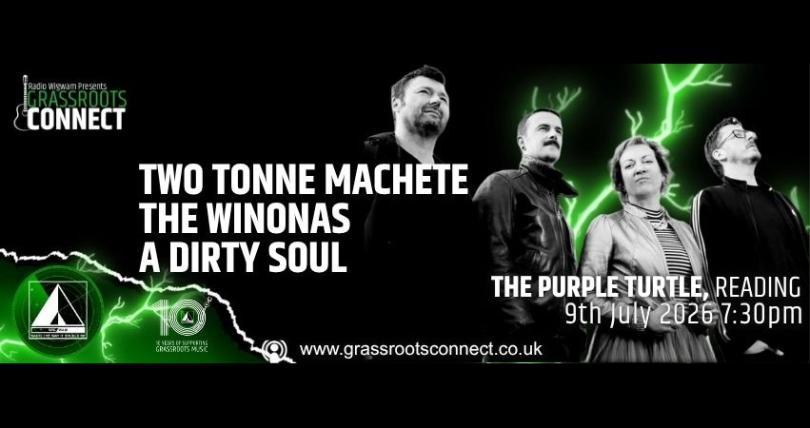 Event poster with monochrome images of four band members in a line looking up