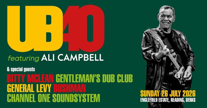 Event poster featuring a black and white photo of Ali Campbell holding a guitar and red and yellow text on a green background