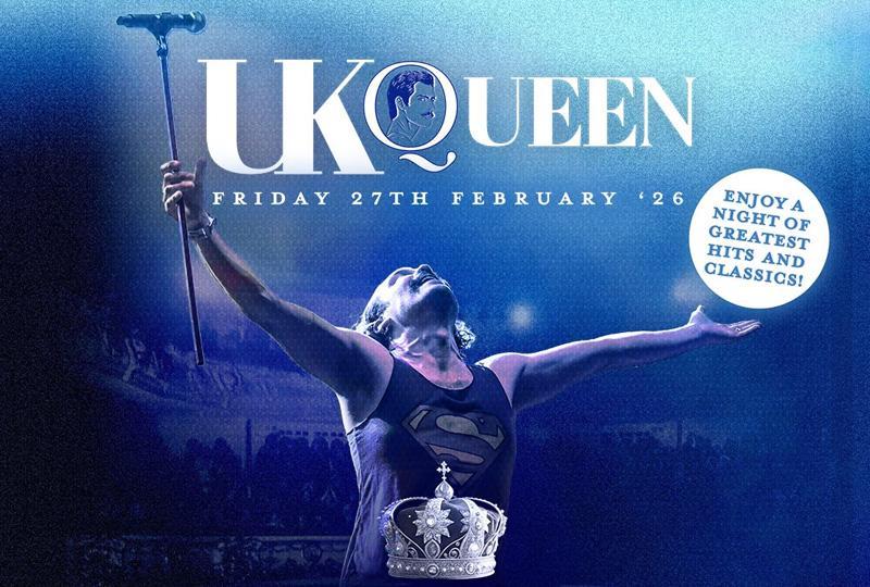  UK Queen logo and a man dressed as Freddie Mercury