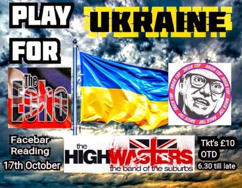Logos of the three bands appearing next to a Ukraine flag