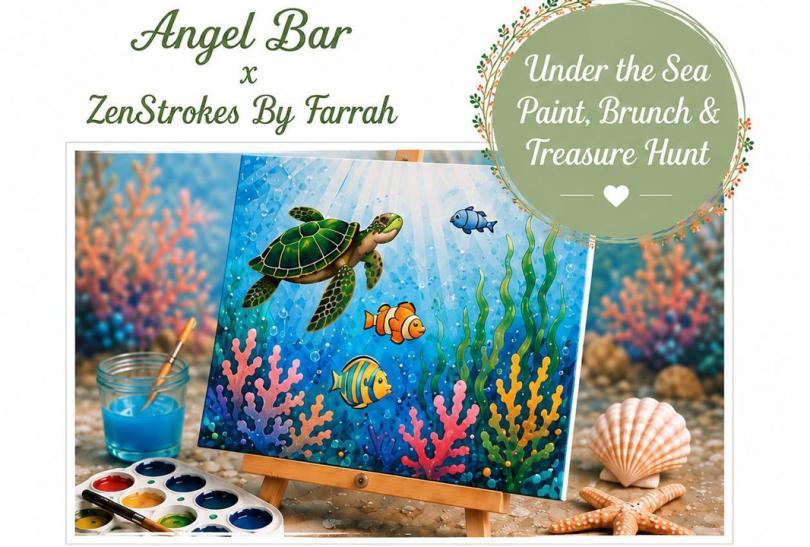 Painting of a turtle swimming in the sea, surrounded by painting and beach ephemera