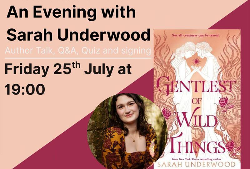 Author Sarah Underwood next to the cover of her latest book Gentlest of Wild Things