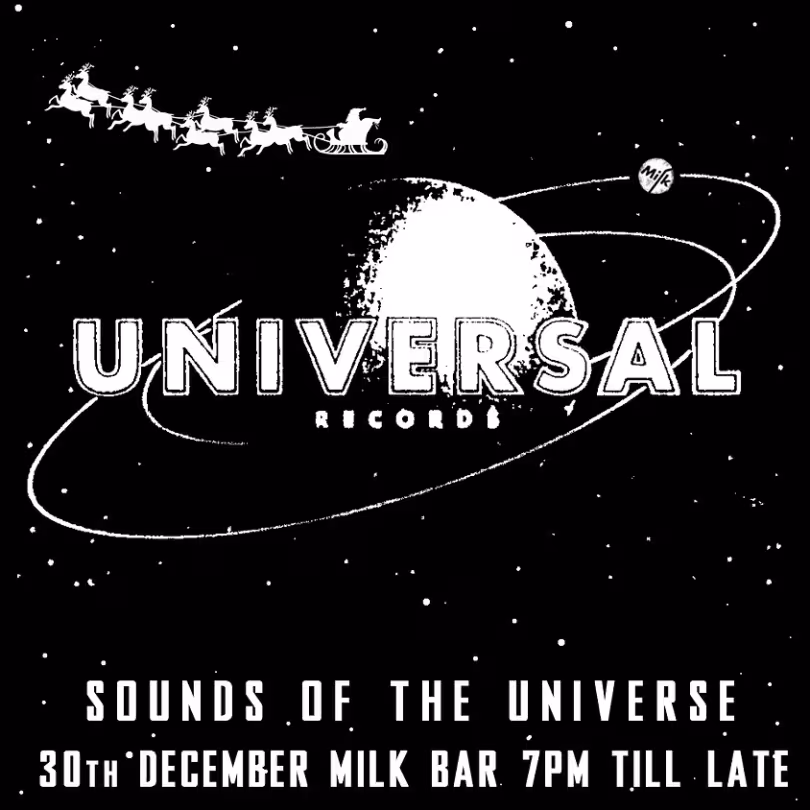 Poster with a high-contrast version of the Universal pictures logo of the Earth, but with Santa's sleigh flying past