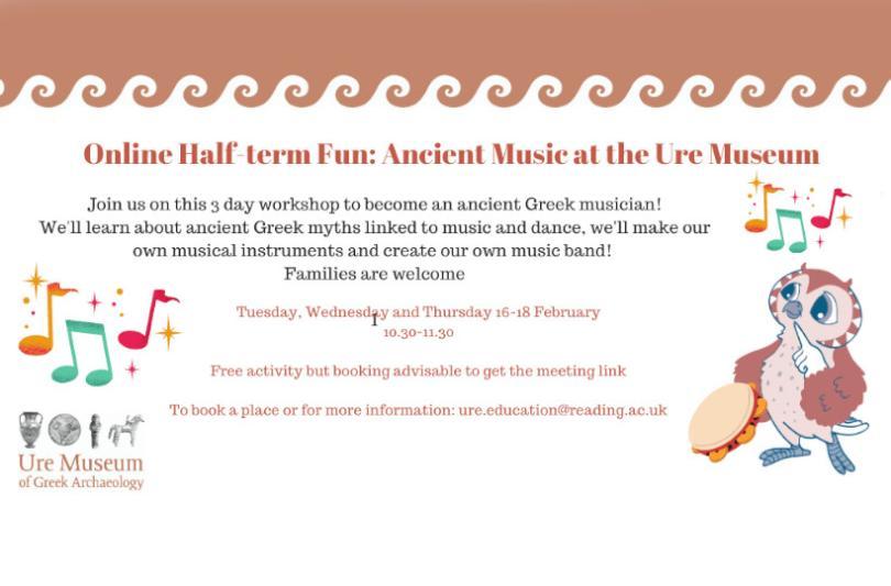 poster for half-term events at the Ure museum featuring musical notes and Greek patterns