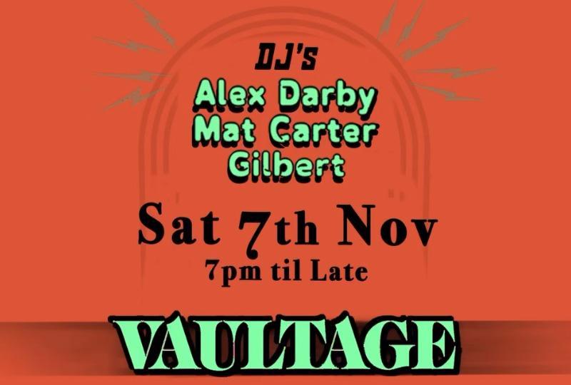 Event poster listing the DJs performing over the Vaultage logo
