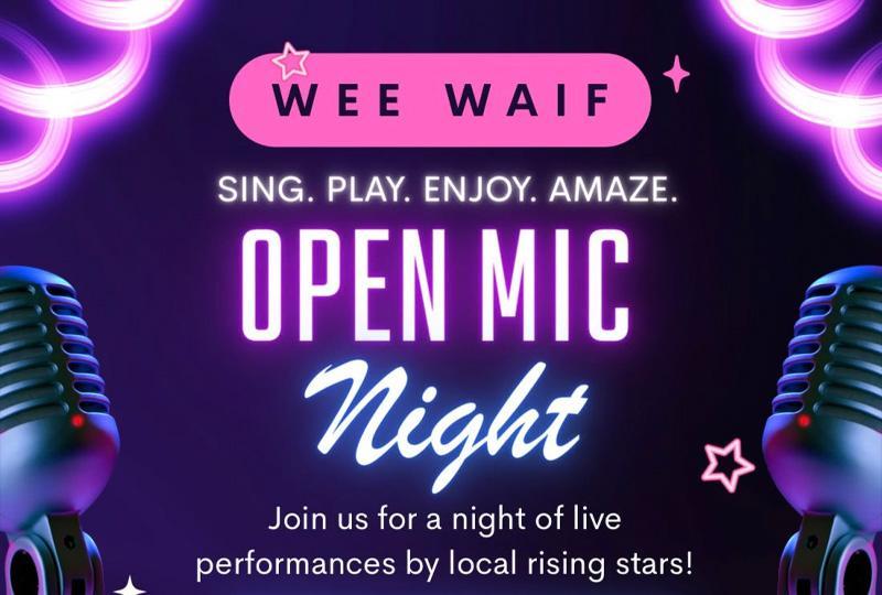 Poster for Open Mic at the Wee Waif with images of microphones