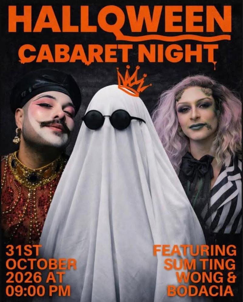 Poster with images of drag performers standing behind a person with sheet over their head like an old-school ghost costume