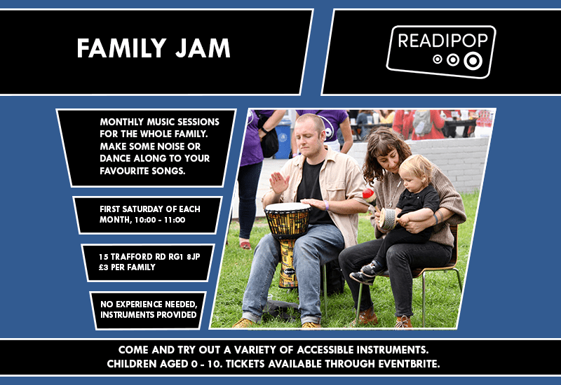 Family playing drums with their child, information (as seen below) regarding the event.