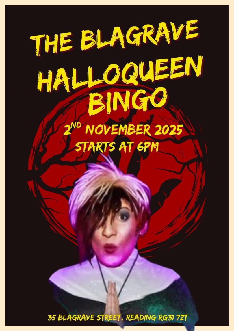 Poster featuring a drag queen dressed as a nun against a spooky red moon