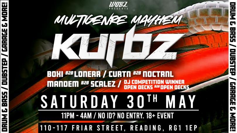 Poster with a logo for the act KURBZ and details about the event
