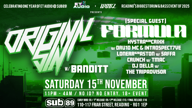 ET Audio x WOBZ Presents: ORIGINAL SIN + FORMULA against a vibrant green background