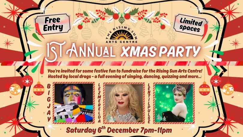 Poster for 1st Annual Xmas Party with headshots of drag performers and details of the event
