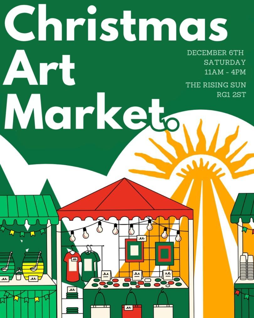 graphic of art market stalls with a stylised Rising Sun logo