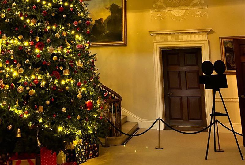 christmas tree with a model film camera pointing at it
