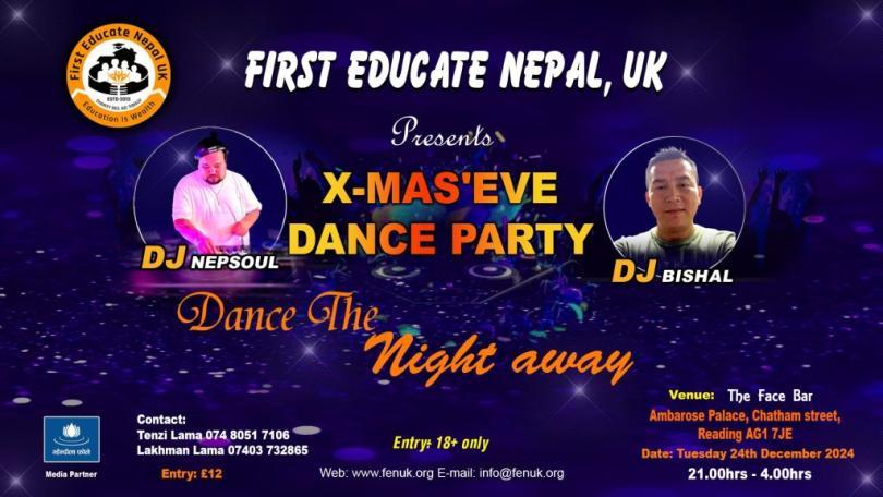 Poster for First Educate Nepal UK Christmas Eve Dance Party with headshots of the DJs appearing