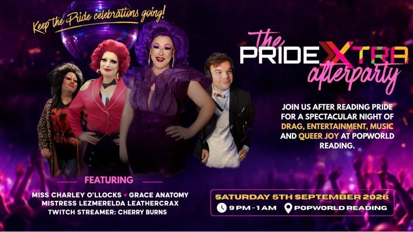 Event poster with a photo of three drag queens and a man in a tuxedo