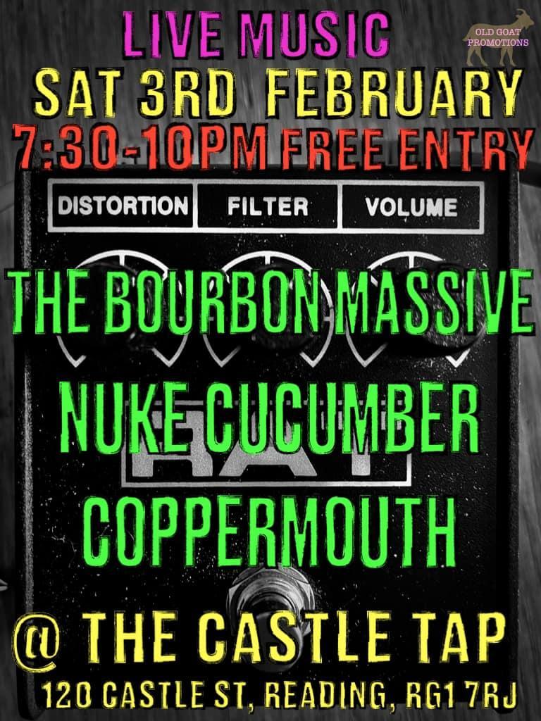 Poster showing the names of the bands in green capital letters over the top of a black distortion pedal