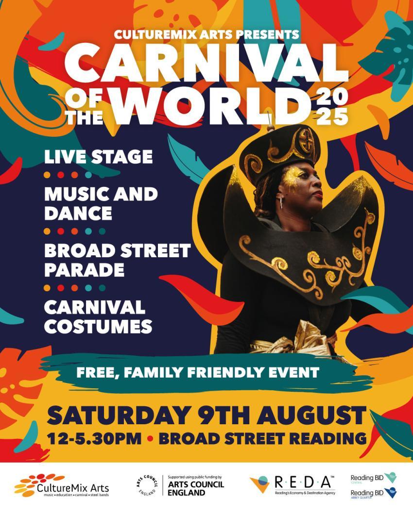 Image shows key information of what time and place Carnival of the World is taking place as well as what to expect with vibrant colours in the background.