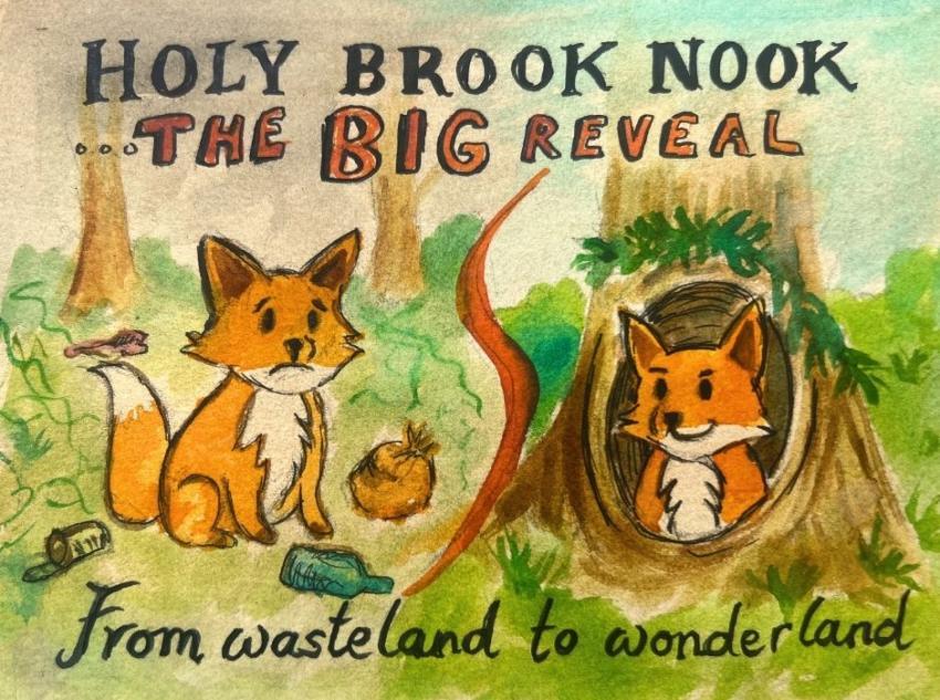 An image of two foxes, one sat in a rubbish strewn green space, the other sat in a clear green space