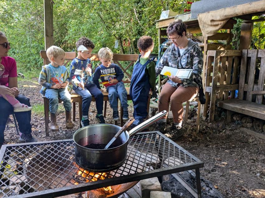 children having a story by the fire