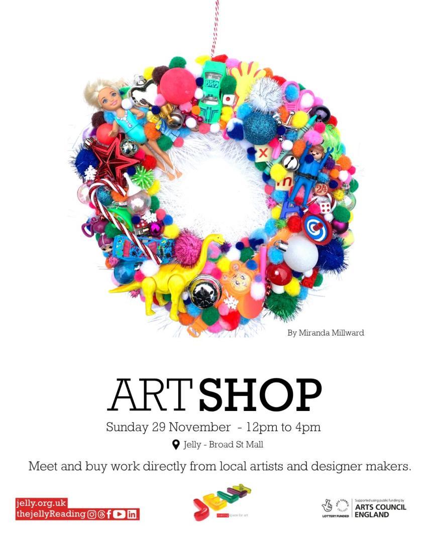 Art Shop Poster with a round wreath made of brightly coloured fabric and toys. 