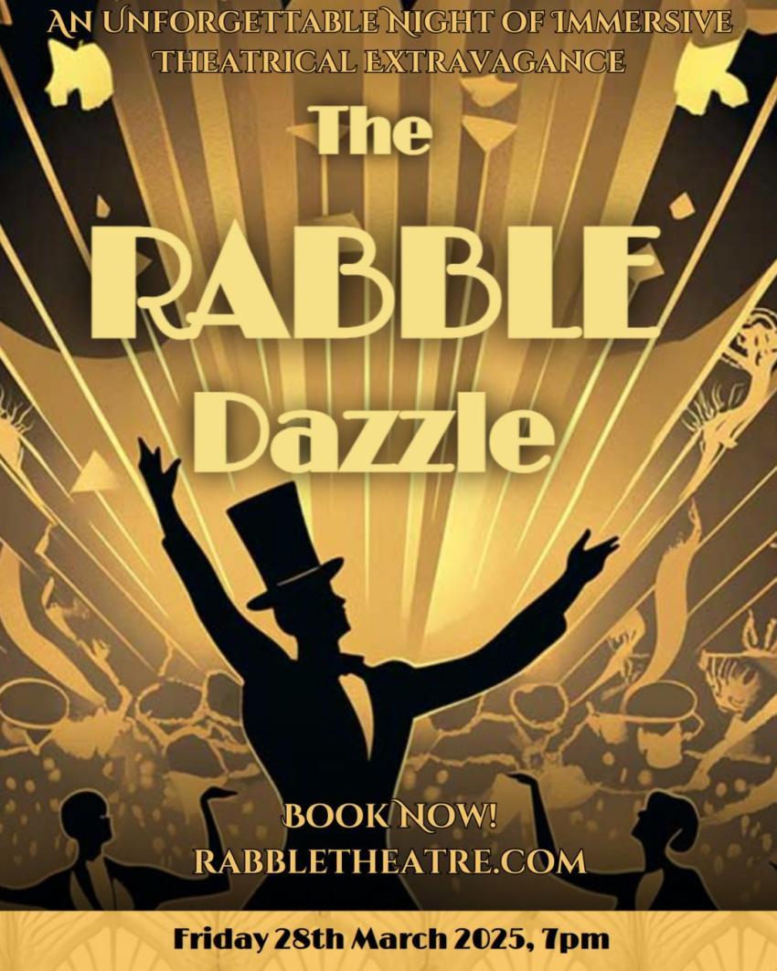 An abstract gold design, a silhouette of a man in a top hat and suit presenting, people dancing