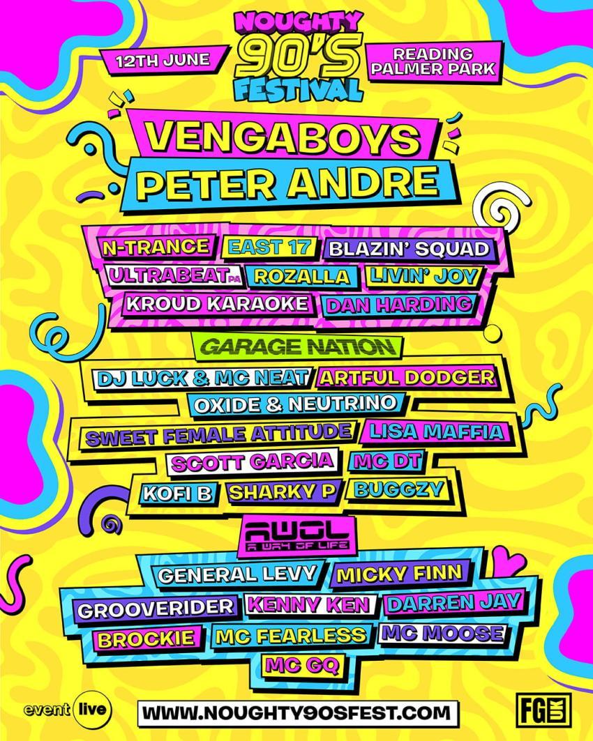 Poster for Noughty 90s Festival Reading with day-glo colours and a list of some the acts performing